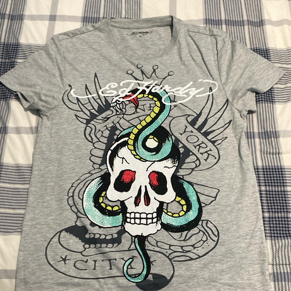 Ed Hardy Rhinestone Skull Snake Tee
